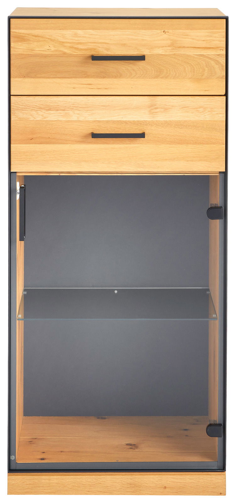 Vitrinenschrank aus Holz mit zwei Schubladen und Glastür, Frontalansicht