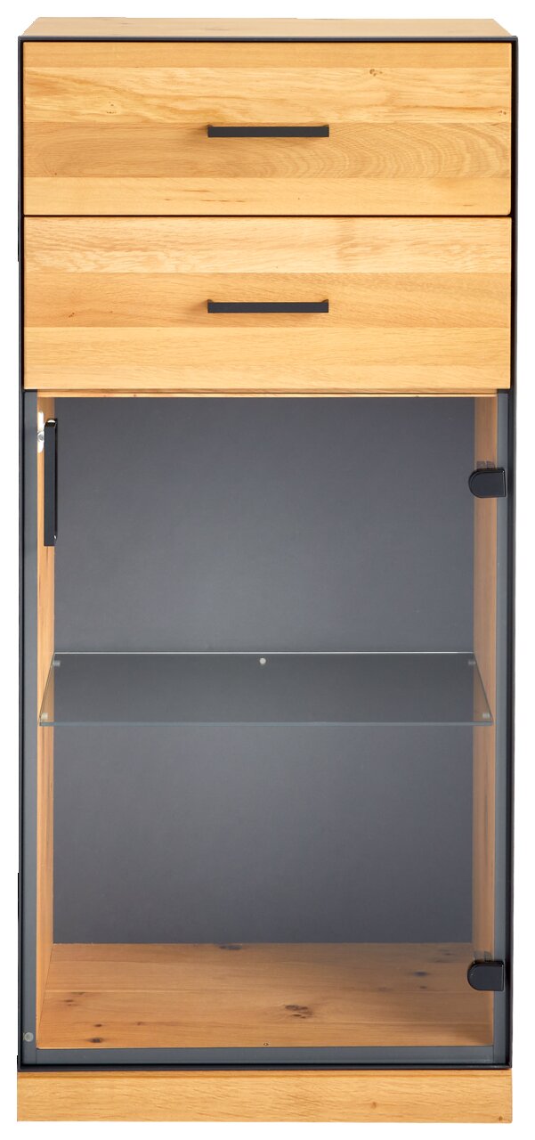 Vitrinenschrank aus Holz mit zwei Schubladen und Glastür, Frontalansicht