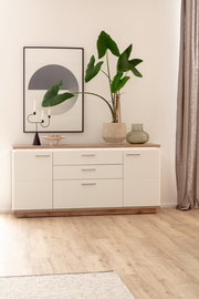 Frontale Perspektive: moderne weiße Kommode mit Holzplatte und Holzsockel, dekoriert mit großer grüner Zimmerpflanze im Topf, Glasvase, Kerzenhalter und gerahmtem Wandbild im minimalistischen Wohnraum.