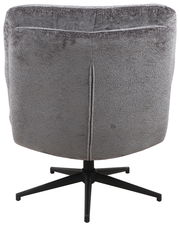 Rückansicht eines grauen, drehbaren Sessels mit schwarzem Metallfuß.