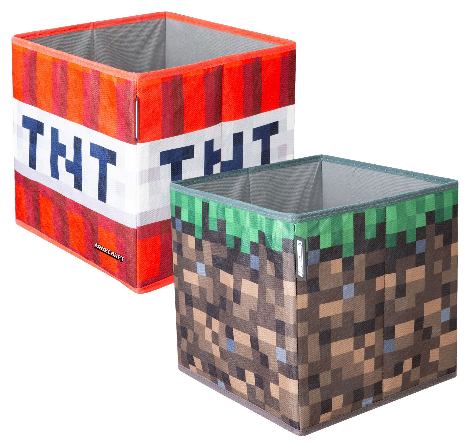 Zwei faltbare Minecraft-Aufbewahrungsboxen aus Stoff, eine rot-weiß im TNT-Design und eine braun-grün im Block-Design, in schräger Vorderansicht von oben auf weißem Hintergrund