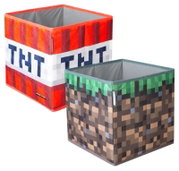Zwei faltbare Minecraft-Aufbewahrungsboxen aus Stoff, eine rot-weiß im TNT-Design und eine braun-grün im Block-Design, in schräger Vorderansicht von oben auf weißem Hintergrund