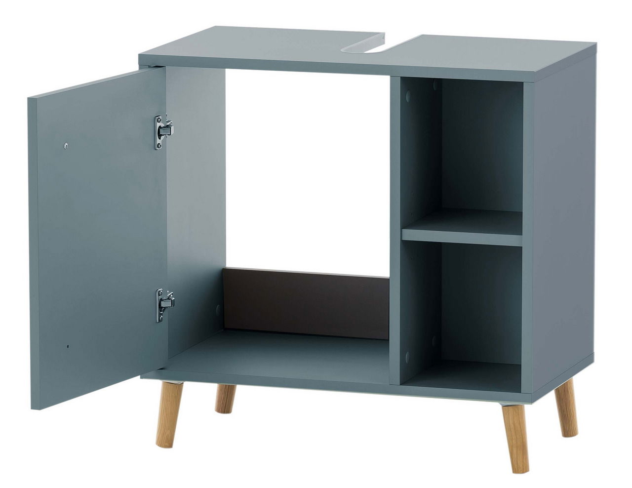 Moderner grauer Waschbeckenunterschrank mit offenen und geschlossenen Fächern, auf Holzbeinen, Perspektive von vorne links