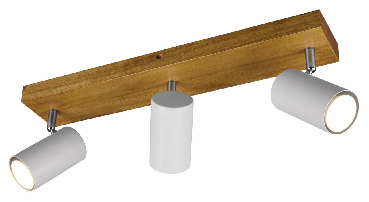 Deckenstrahler MARLEY mit drei verstellbaren GU10 Spots, montiert auf einer Holzleiste, seitliche Perspektive