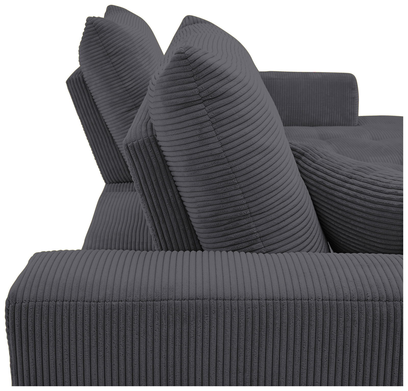 Nahaufnahme einer grauen, gerippten Sofaecke mit zwei großen Kissen, seitliche Perspektive.