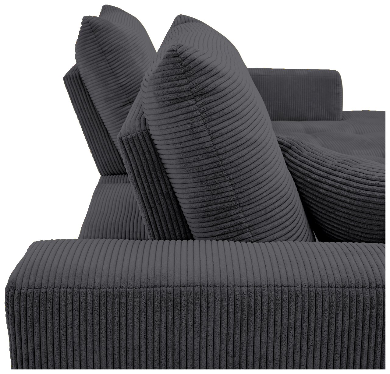 Nahaufnahme einer grauen, gerippten Sofaecke mit zwei großen Kissen, seitliche Perspektive.
