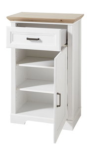 Weißer Schrank mit einer Schublade und einer offenen Tür, aus Perspektive von vorne rechts.