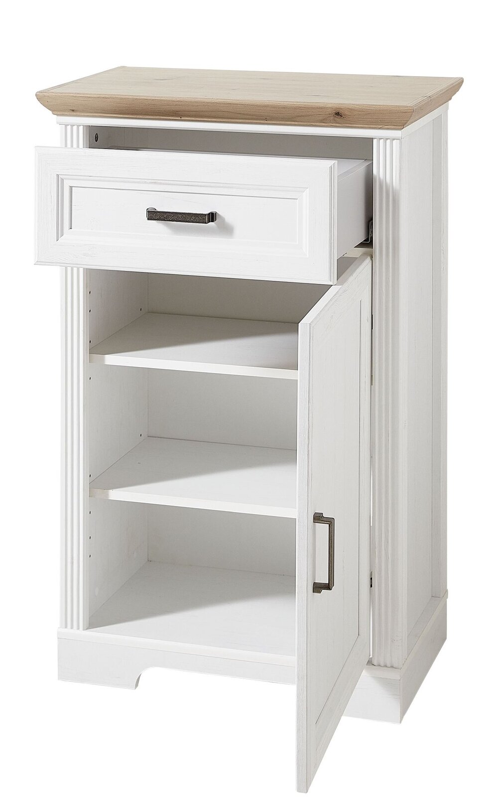 Weißer Schrank mit einer Schublade und einer offenen Tür, aus Perspektive von vorne rechts.