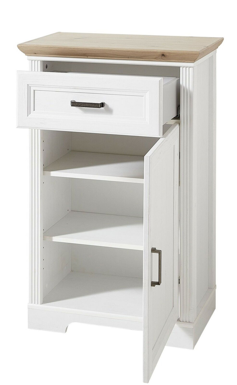 Weißer Schrank mit einer Schublade und einer offenen Tür, aus Perspektive von vorne rechts.