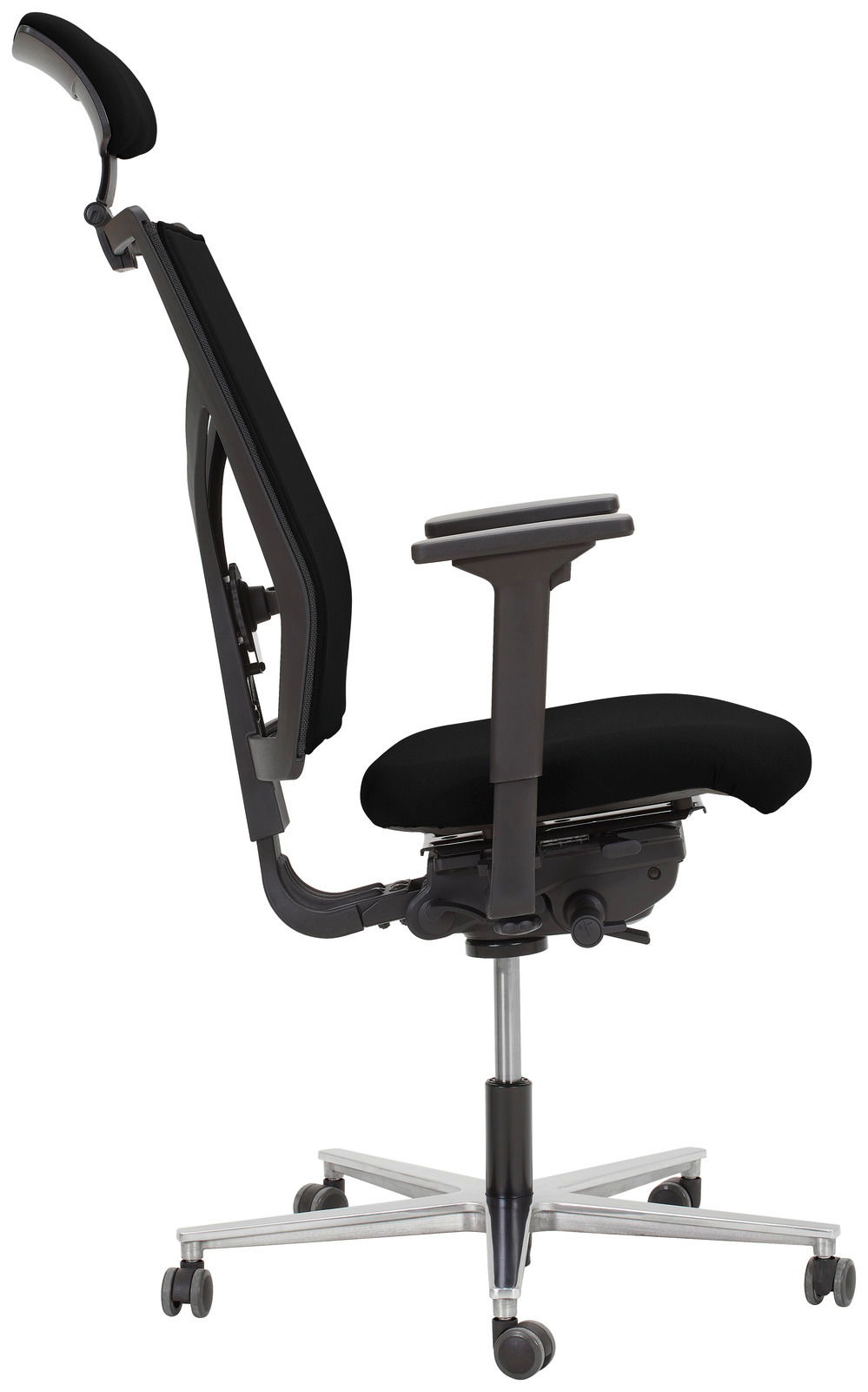 Moderner schwarzer Drehstuhl mit Armlehnen und Kopfstütze, Seitenansicht