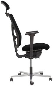 Moderner schwarzer Drehstuhl mit Armlehnen und Kopfstütze, Seitenansicht