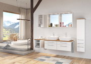 Moderner Badezimmer-Waschbeckenunterschrank in einer stilvollen Einrichtung mit zwei Waschbecken, Holzarbeitsplatte und Schubladen, seitliche Perspektive.