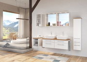 Moderner Badezimmer-Waschbeckenunterschrank in einer stilvollen Einrichtung mit zwei Waschbecken, Holzarbeitsplatte und Schubladen, seitliche Perspektive.