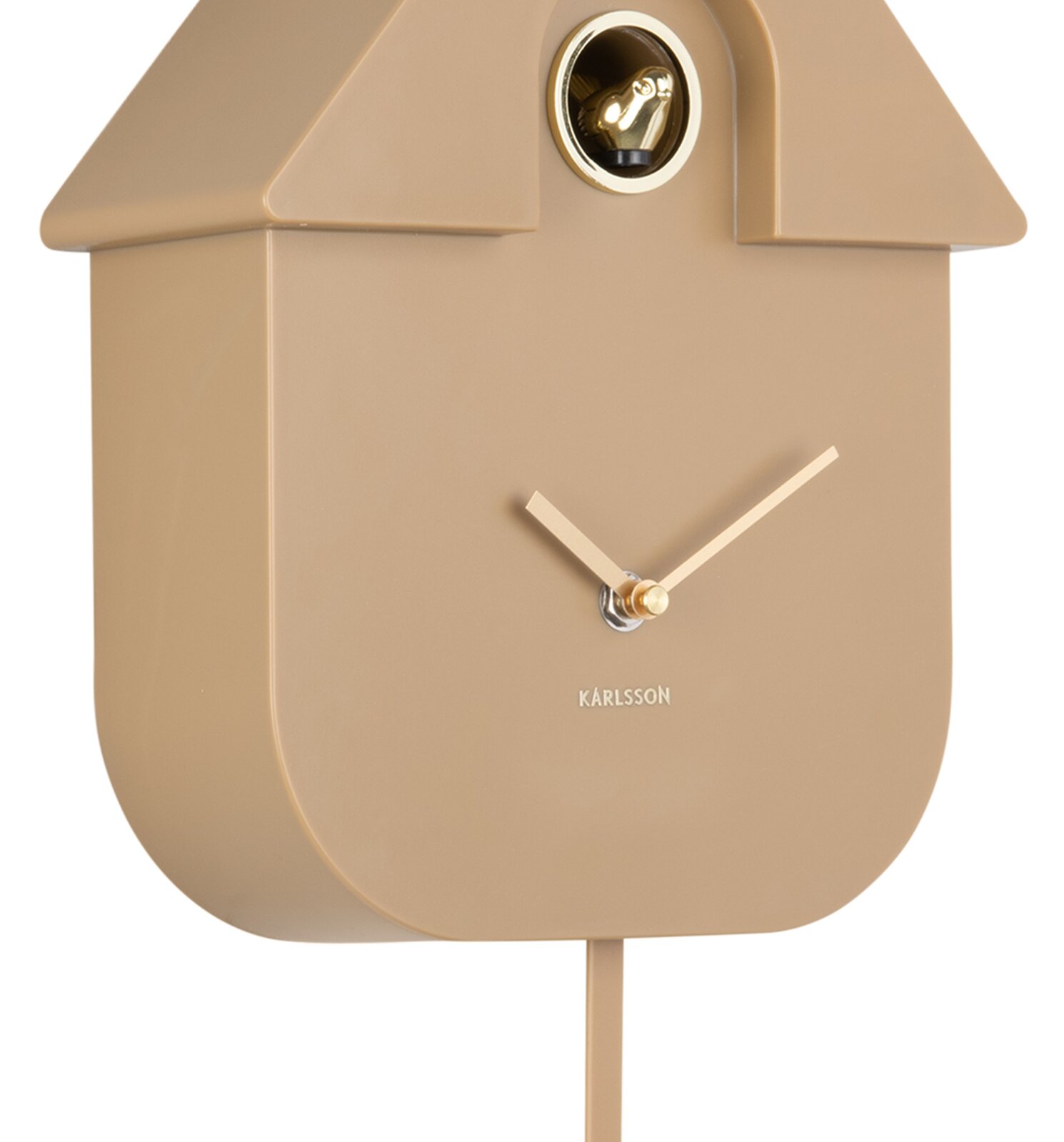 Seitliche Ansicht einer modernen, beige-farbenen Wanduhr in Form eines Vogelhauses mit goldenen Zeigern und einem kleinen goldenen Vogel im oberen Bereich.