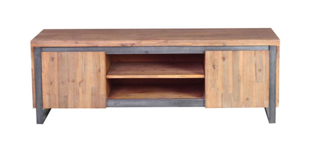 TV-Board aus Holz mit zwei Türen und offenen Regalfächern, Frontansicht