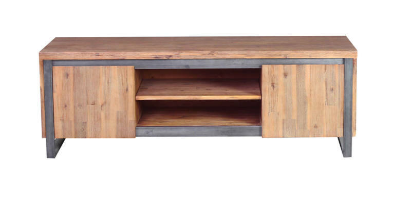 TV-Board aus Holz mit zwei Türen und offenen Regalfächern, Frontansicht