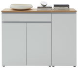 Frontansicht einer modernen Kombi-Kommode mit weißer Oberfläche und Holzplatte, dekoriert mit Büchern und einer Schale.