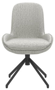 Moderner Stuhl mit grauem Stoffbezug und schwarzem Metallgestell, Frontalansicht