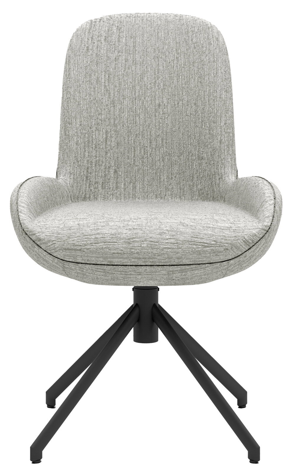 Moderner Stuhl mit grauem Stoffbezug und schwarzem Metallgestell, Frontalansicht