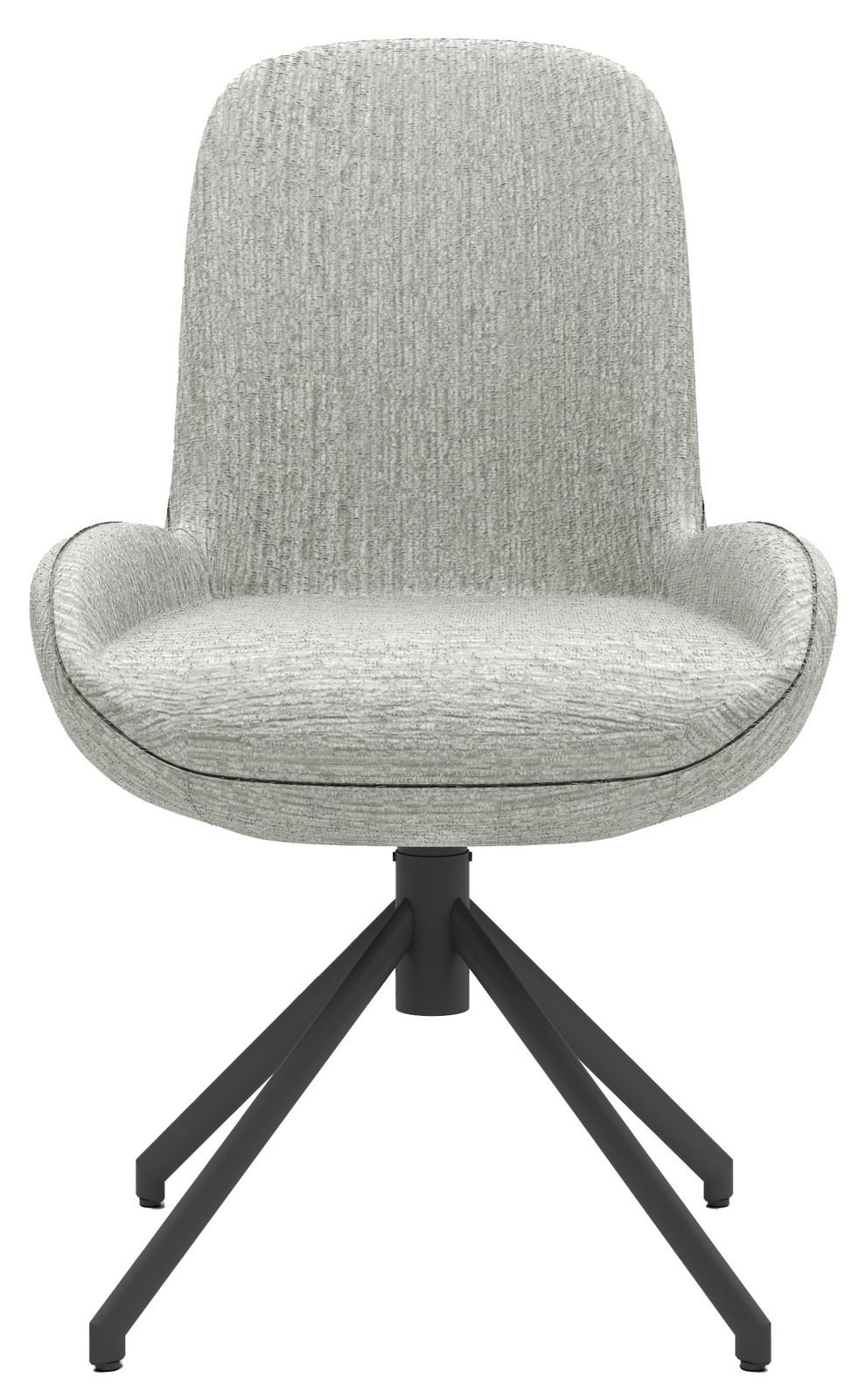 Moderner Stuhl mit grauem Stoffbezug und schwarzem Metallgestell, Frontalansicht