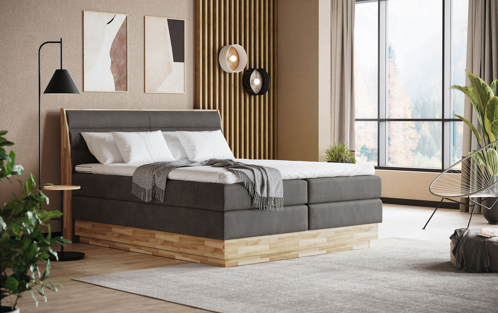 Modernes Boxspringbett in einem stilvollen Schlafzimmer, seitliche Perspektive