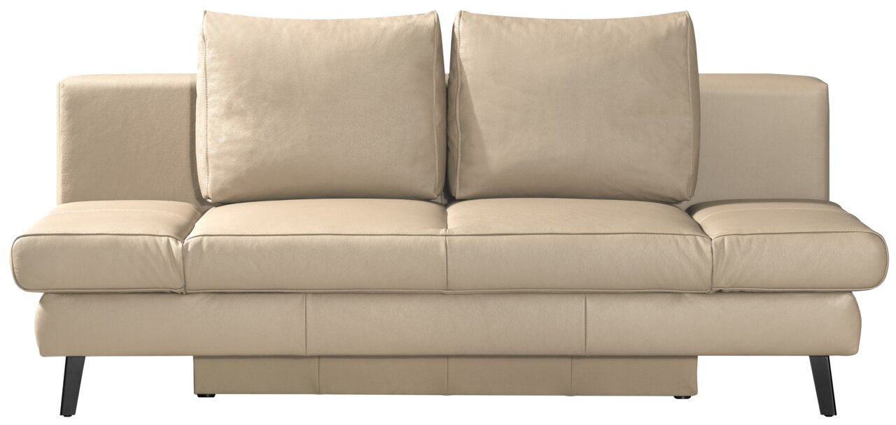 Beige Querschläfer-Sofa mit zwei großen Rückenkissen, frontal betrachtet.