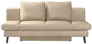 Beige hoekbank met twee grote rugkussens, gezien vanaf de voorkant.