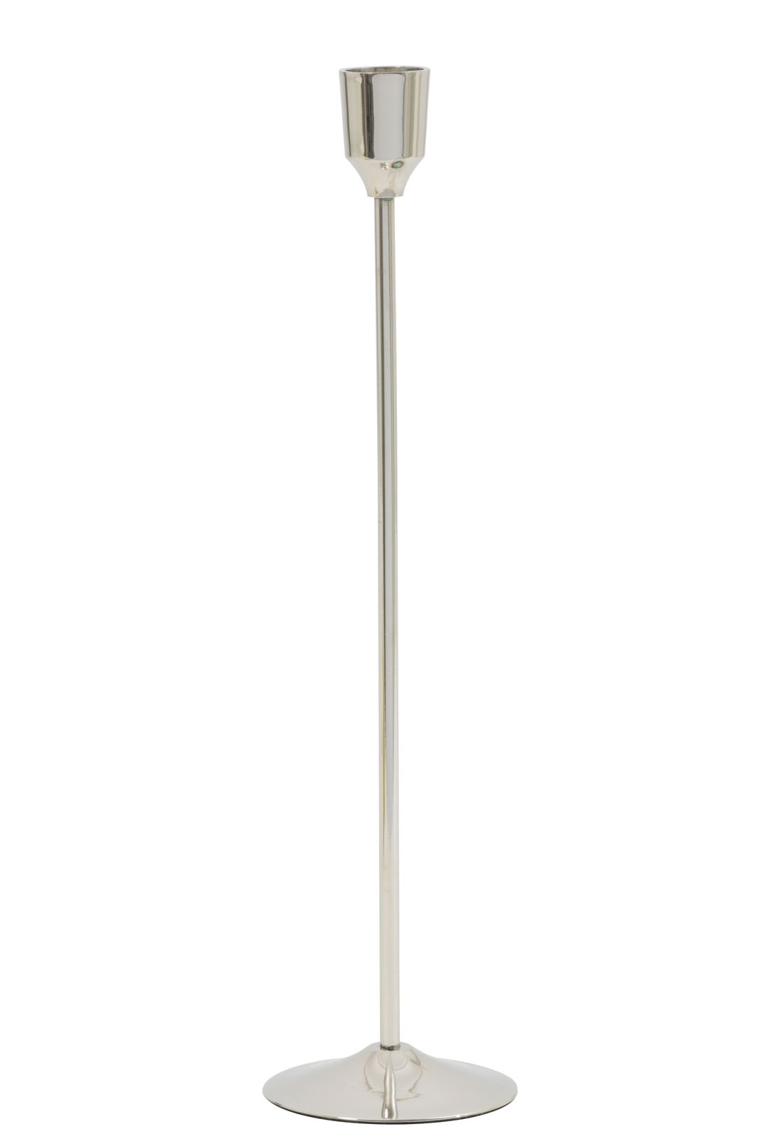 Eleganter silberner Kerzenständer aus Metall, frontal abgebildet.