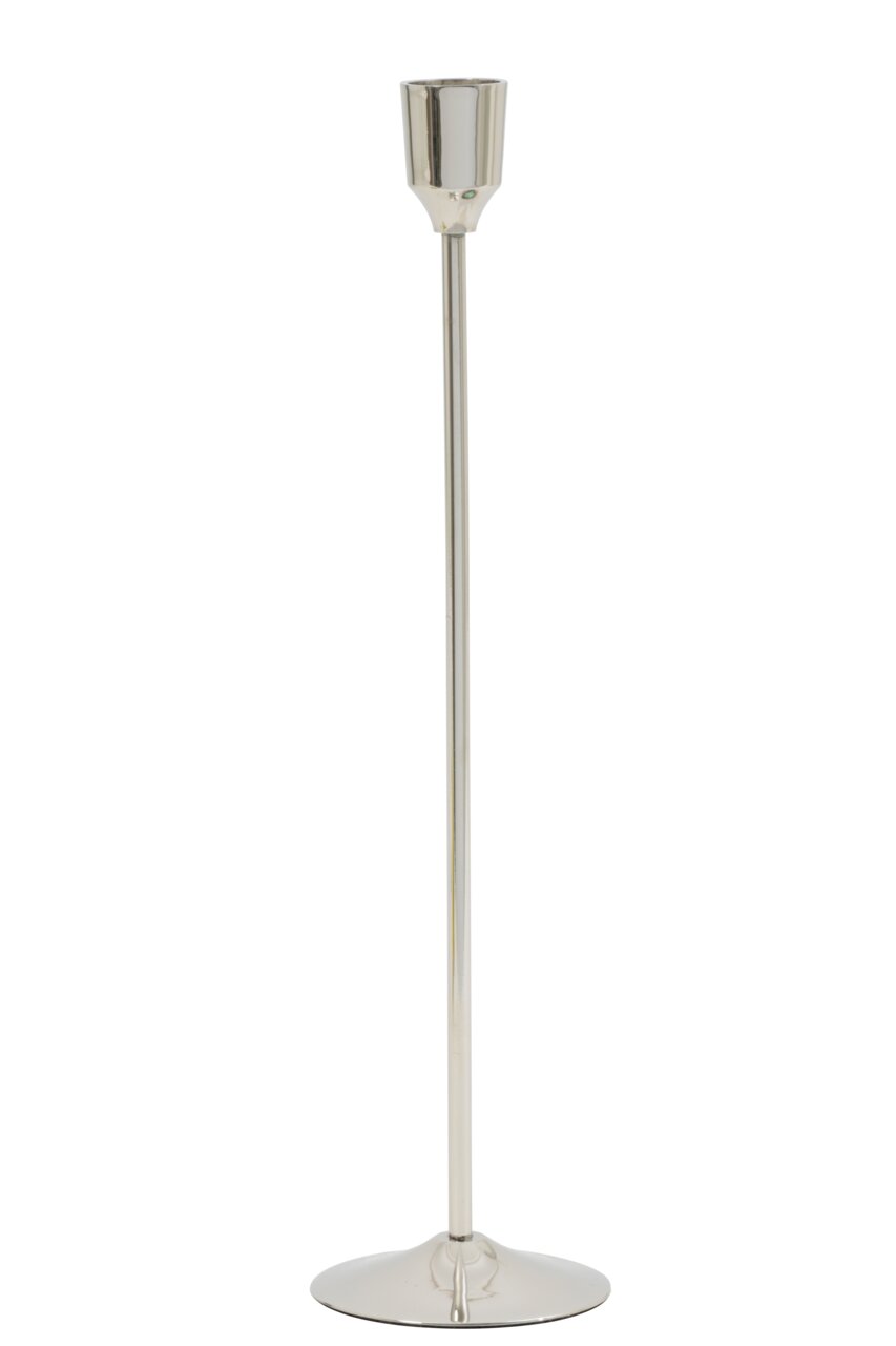Eleganter silberner Kerzenständer aus Metall, frontal abgebildet.