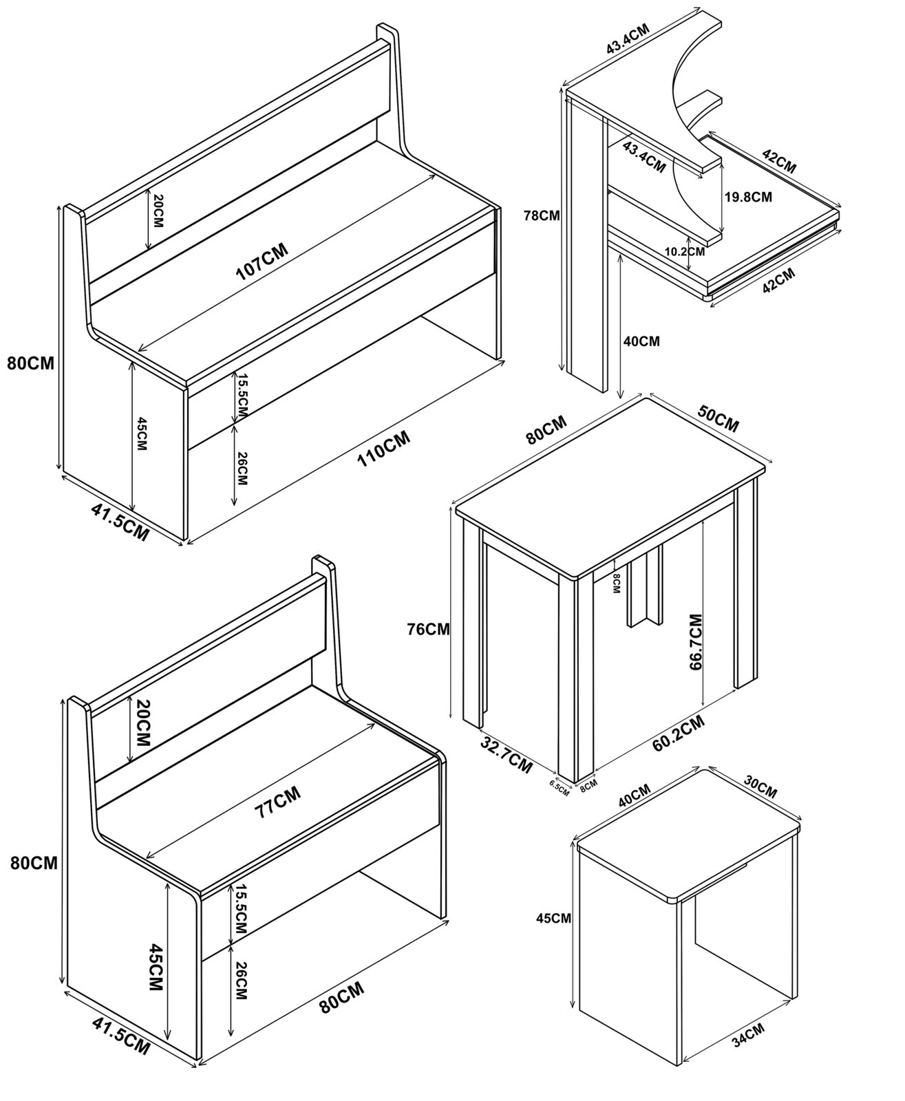 Isometrische Strichzeichnung eines Möbelsets mit Maßangaben: zwei Sitzbänke (110×41,5×80 cm und 80×41,5×80 cm), ein Tisch (80×50×76 cm), ein Hocker (40×30×45 cm) sowie ein seitliches Anbauteil/Ablage (ca. 43,4×42×78 cm).