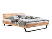 Modern houten bedframe met zwart metalen frame, zijaanzicht