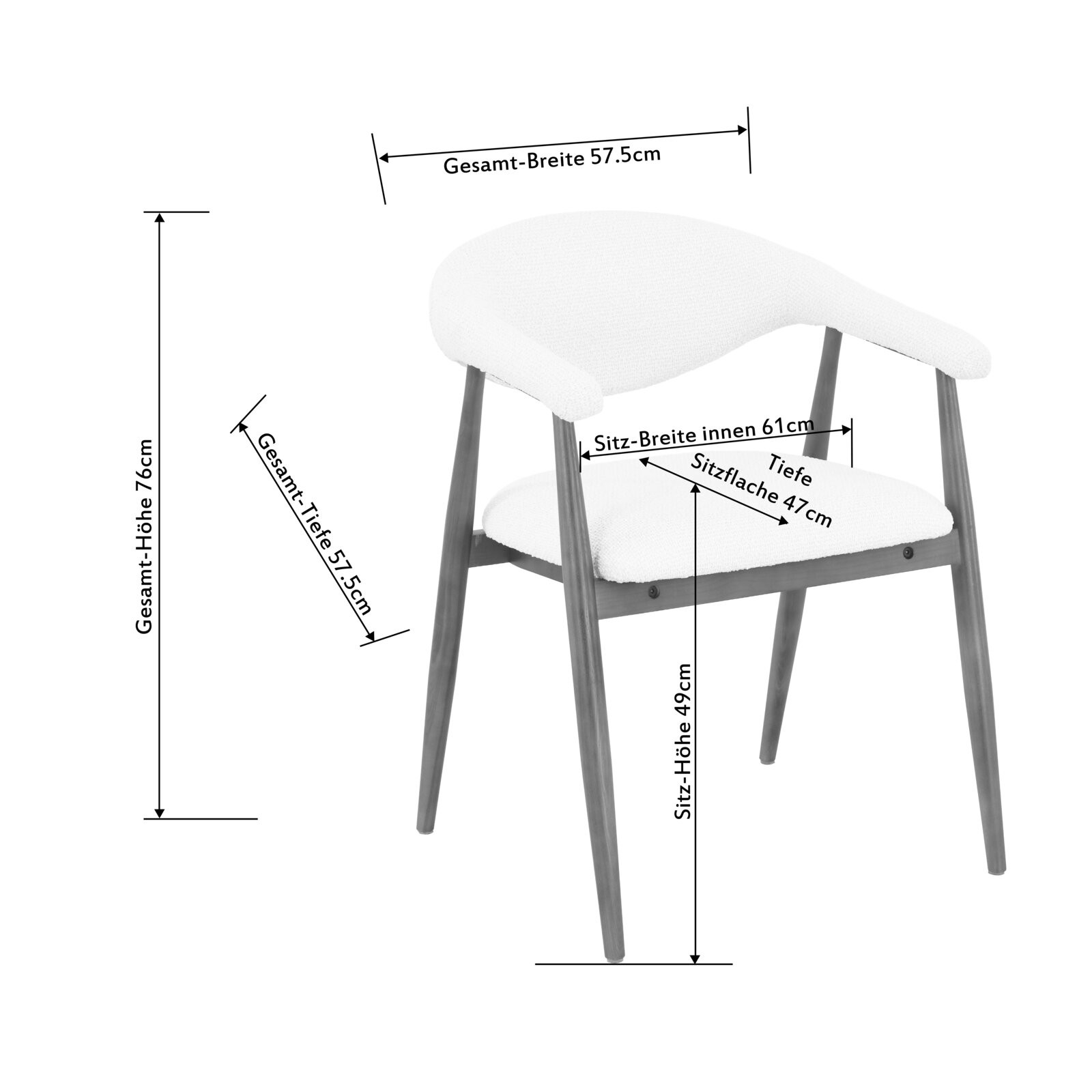 Gepolsterter Armlehnstuhl mit weißem Stoffbezug und dunklen Holzbeinen, Maße eingezeichnet (Gesamtbreite 57,5 cm, Gesamttiefe 57,5 cm, Gesamthöhe 76 cm, Sitzhöhe 49 cm, Sitzfläche 47 cm), Ansicht schräg von vorne.
