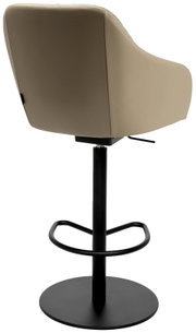 Achterkant van een moderne barkruk met beige bekleding en een zwart metalen frame.