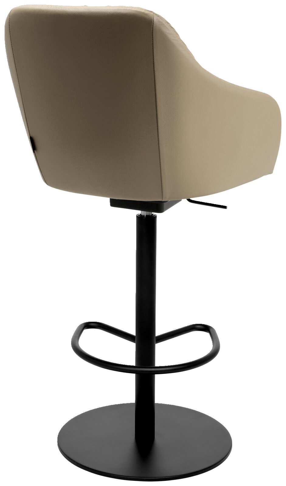 Achterkant van een moderne barkruk met beige bekleding en een zwart metalen frame.