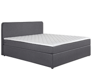 Graues Boxbett mit gepolstertem Kopfteil und weißer Matratze, seitliche Perspektive