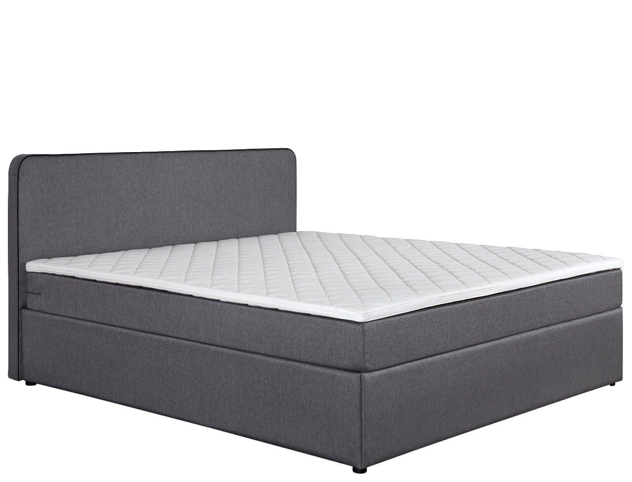 Graues Boxbett mit gepolstertem Kopfteil und weißer Matratze, seitliche Perspektive