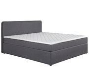 Graues Boxbett mit gepolstertem Kopfteil und weißer Matratze, seitliche Perspektive