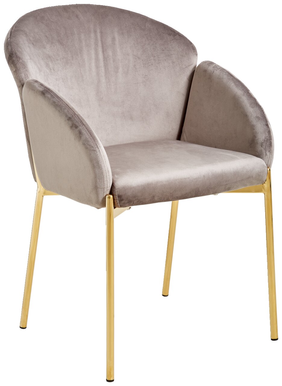 Moderner Sessel mit grauem Samtbezug und goldenen Beinen, seitliche Perspektive