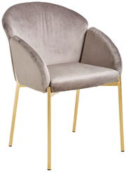 Moderner Sessel mit grauem Samtbezug und goldenen Beinen, seitliche Perspektive