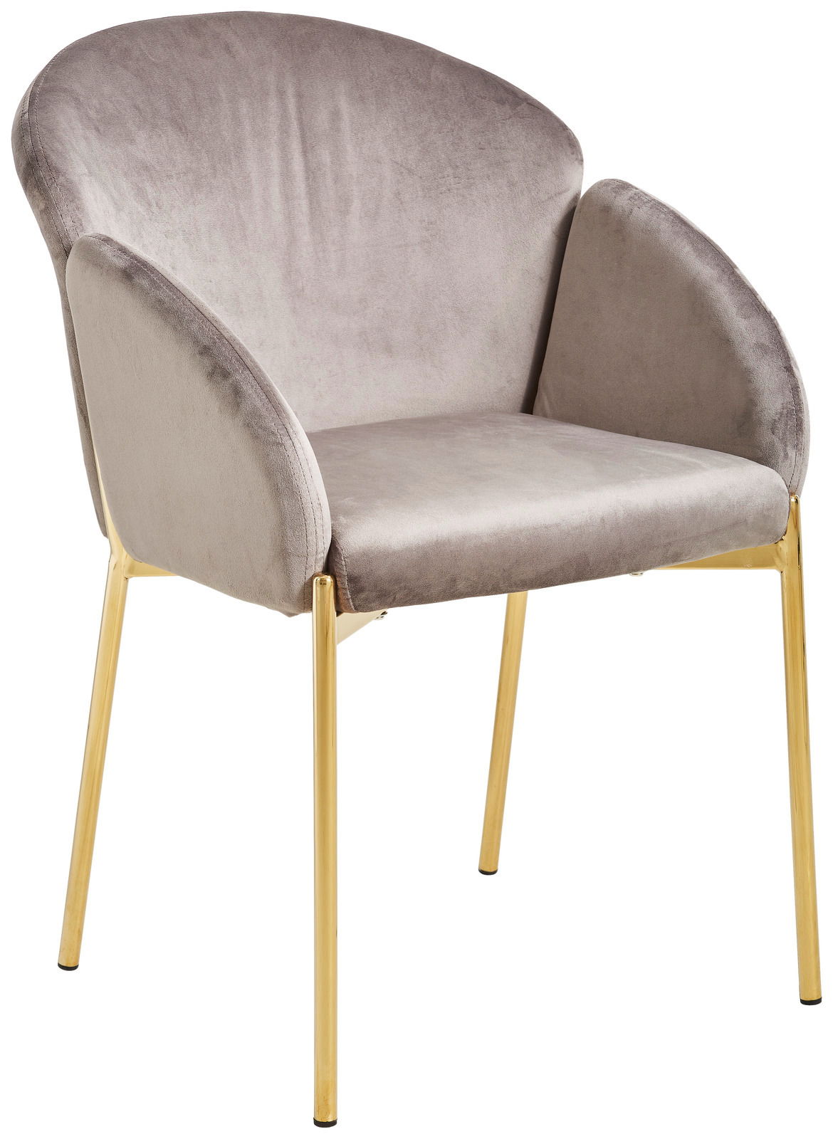 Moderner Sessel mit grauem Samtbezug und goldenen Beinen, seitliche Perspektive