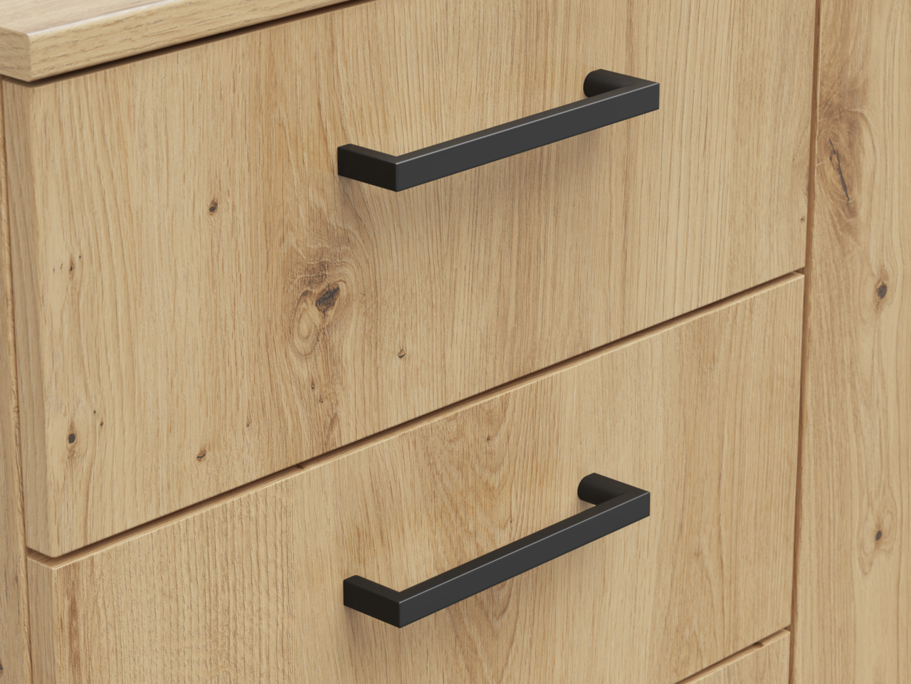 Carryhome Kommode MULTISTAURAUM Nahaufnahme einer Kommode aus hellem Holz mit schwarzen Griffen, seitliche Perspektive