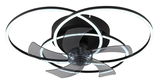 Moderner Deckenventilator mit transparenten Flügeln und LED-Leuchtringen, Ansicht von unten.