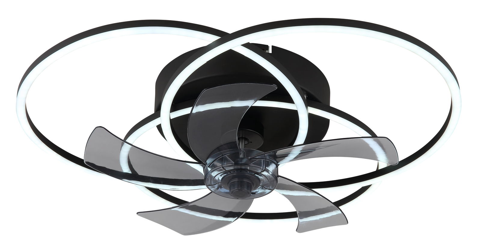 Moderner Deckenventilator mit transparenten Flügeln und LED-Leuchtringen, Ansicht von unten.