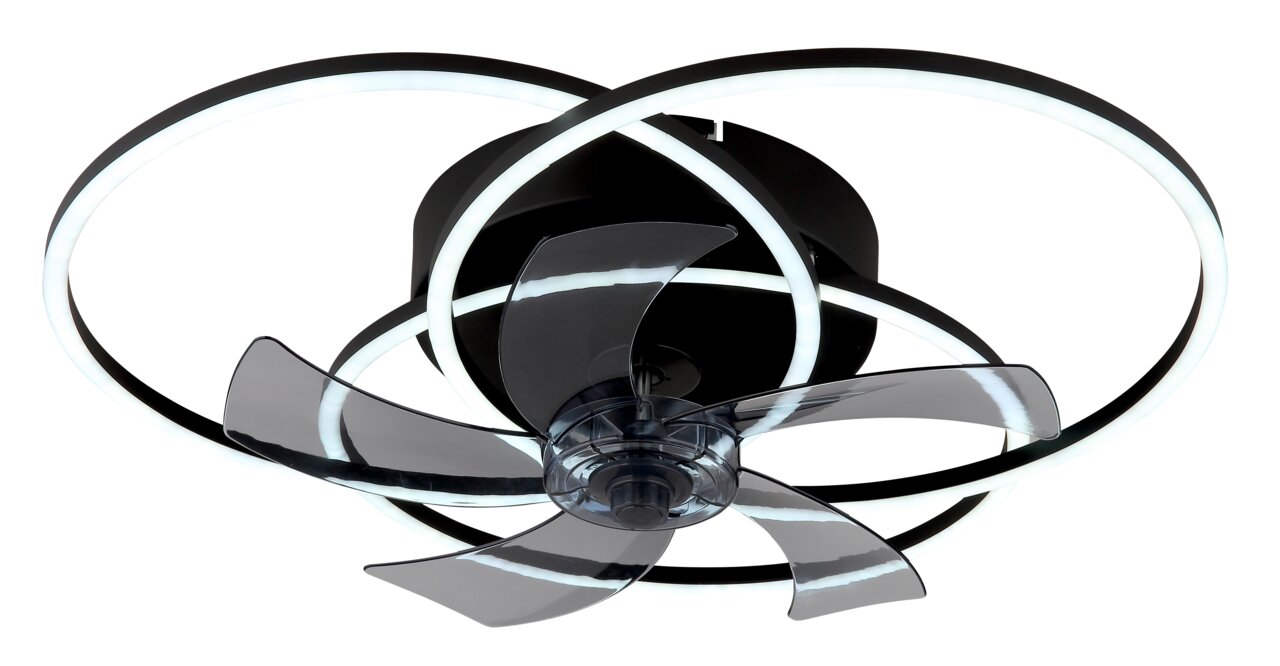 Moderne plafondventilator met transparante bladen en led-verlichtingsringen, gezien van onderaf.