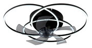 Moderner Deckenventilator mit transparenten Flügeln und LED-Leuchtringen, Ansicht von unten.