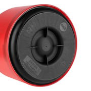 Unteransicht der roten Isolierkanne SAMBA mit schwarzem Boden, Kapazität 1,0L, hergestellt in Deutschland.