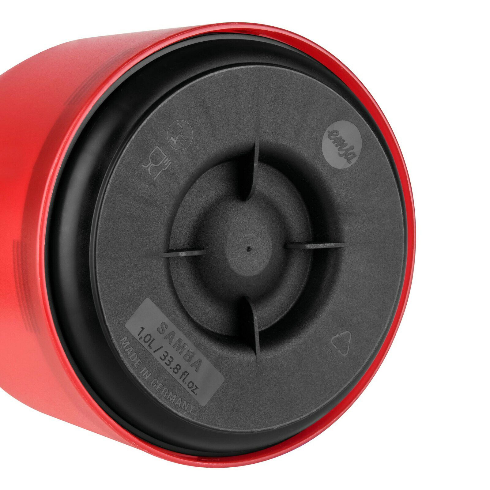 Unteransicht der roten Isolierkanne SAMBA mit schwarzem Boden, Kapazität 1,0L, hergestellt in Deutschland.