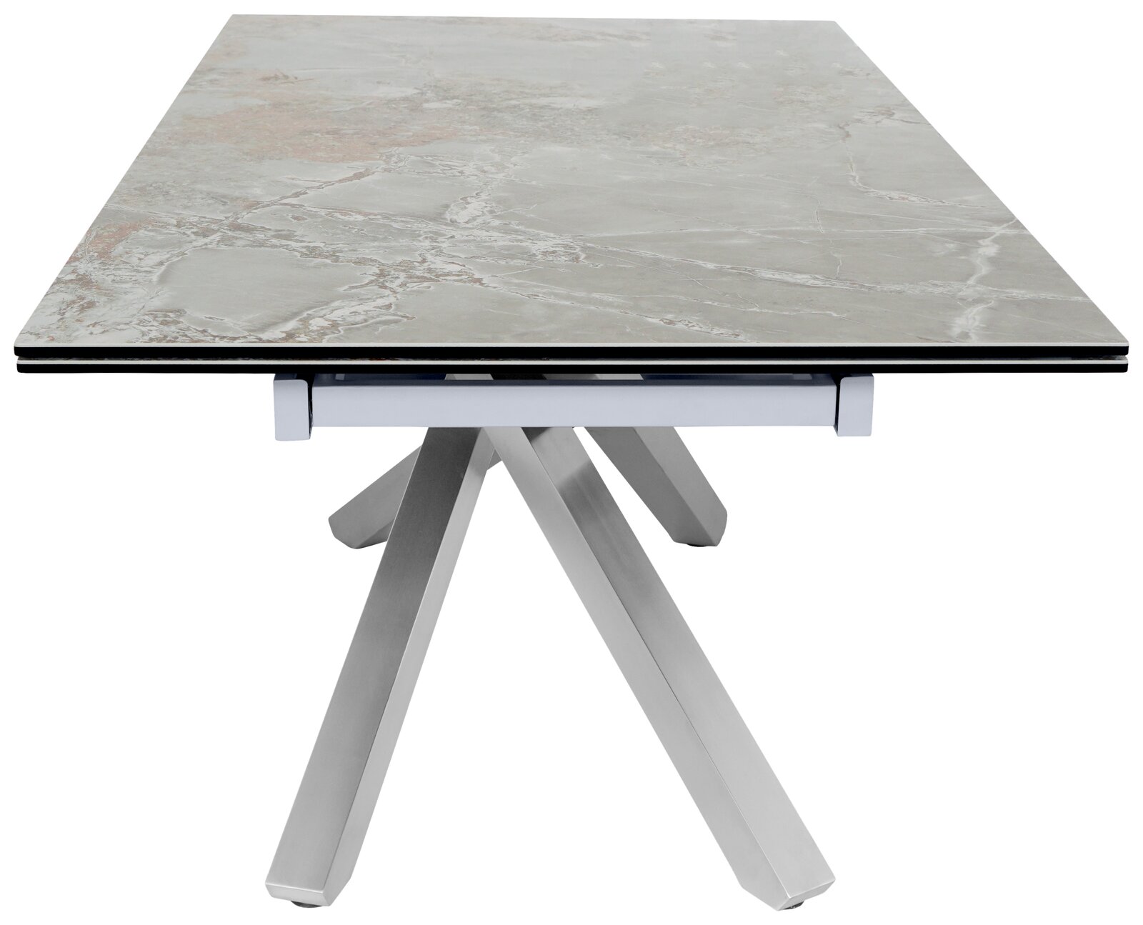 Moderner Esstisch mit Marmoroptik-Tischplatte und Metallgestell, seitliche Perspektive