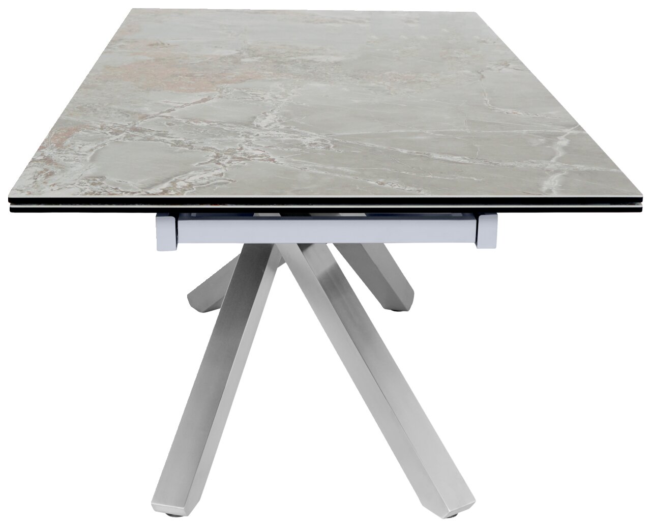 Moderne eettafel met tafelblad in marmerlook en metalen onderstel, zijaanzicht