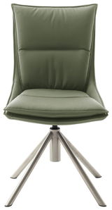 Moderner grüner Stuhl mit gepolsterter Sitzfläche und Rückenlehne, auf einem stabilen Metallgestell, Frontalansicht.